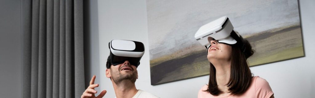 couple using a wedding vr headset in their home