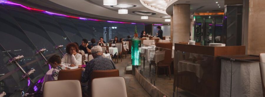 vue from a hotel restaurant on a high floor at night in manchester