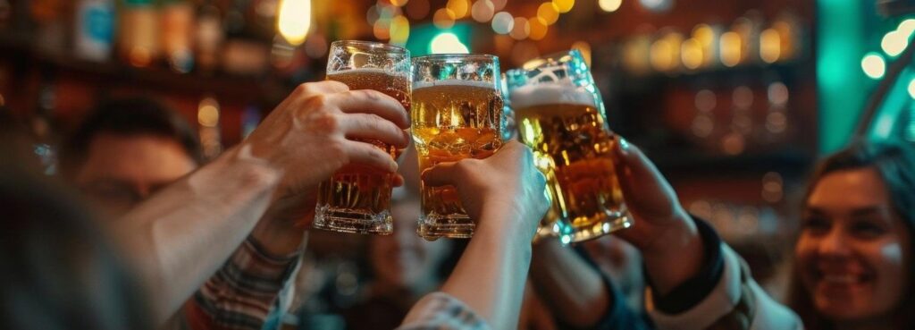 people doing a toast with pint glasses