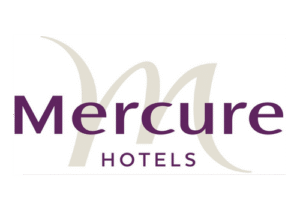 purple, grey, and white mercure hotels company logo