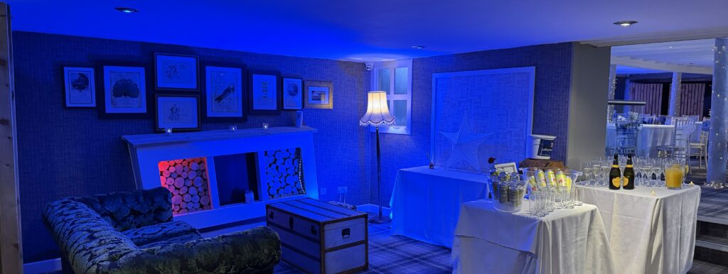 drinks area and food at The Barn at Faenol Fawr