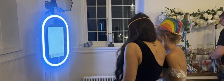 wedding guests taking a picture on a photo booth