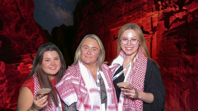 3 people taking a green-screen picture with a jordanian peta theme